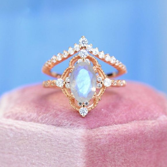 Oval Natural Moonstone Vintage Ring. Two Rings Set - Picture 1 of 14